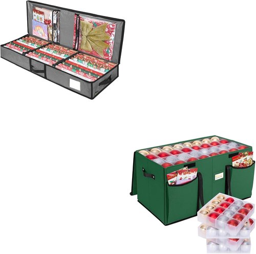 BALEINE Soft Christmas Wrapping Paper Storage Bag - Ornament Storage Box with Dividers (Holds 128 Balls)