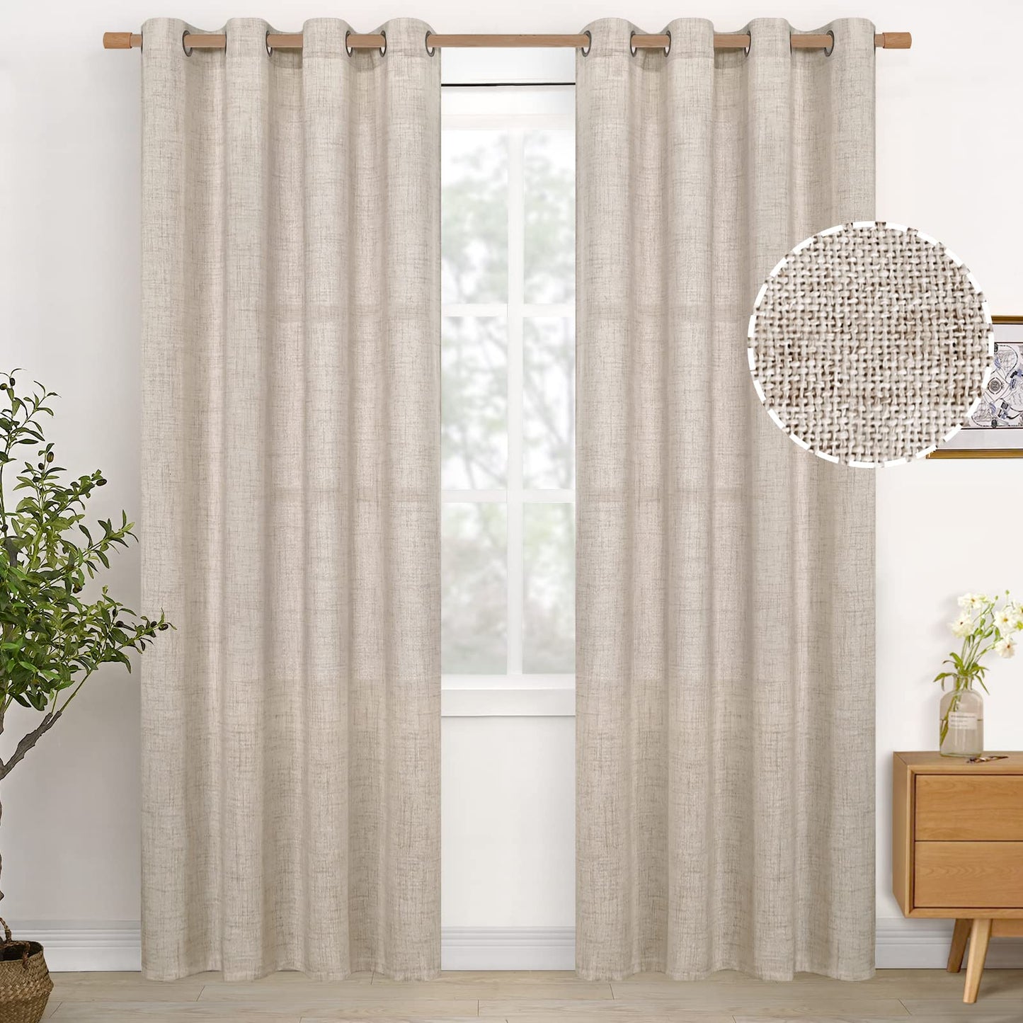 YoungsTex Linen Curtains 80 Inches Length 2 Panels Light Filtering Drapes with Bronze Grommet for Living Room Bedroom Dining Room Rustic Farmhouse Lightweight Office Curtain, 52 x 80 Inch