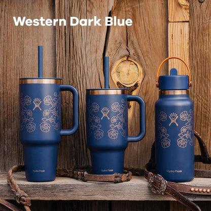 Hydro Flask Water Bottle - Insulated Stainless Steel with Wide Mouth Flex Straw Lid | 32 Oz Western Dark Blue