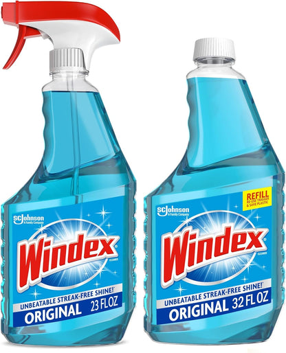 Windex Glass & Window Cleaner Spray Bundle - Original Blue Scent | 23 Fl Oz Spray & 32 Fl Oz Refill