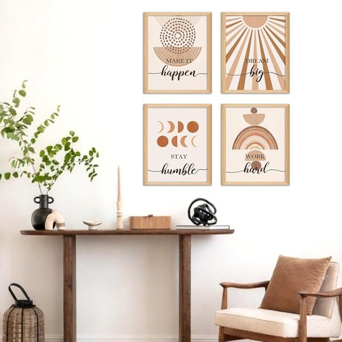 Hapons Boho Sun Wall Art - Modern Abstract Geometric Prints for Bedroom | 8''x10'' Unframed Set of 4