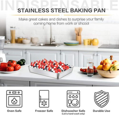 E-far Stainless Steel Baking Pan - 12⅓ x 9¾ x 2 Inch Rectangle Bakeware with Lid | Non-Toxic, Heavy Duty & Dishwasher Safe