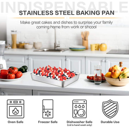 E-far Stainless Steel Baking Pan with Lid, 12⅓ x 9¾ x 2 Inch Rectangle Sheet Cake Pans with Covers Bakeware for Cakes Brownies Casseroles, Non-toxic & Healthy, Heavy Duty & Dishwasher Safe