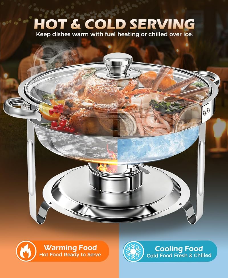 4 Pack 5Qt Round Stainless Steel Chafing Dishes Buffet Warmer Set - Food Warmers for Parties, Home & Catering