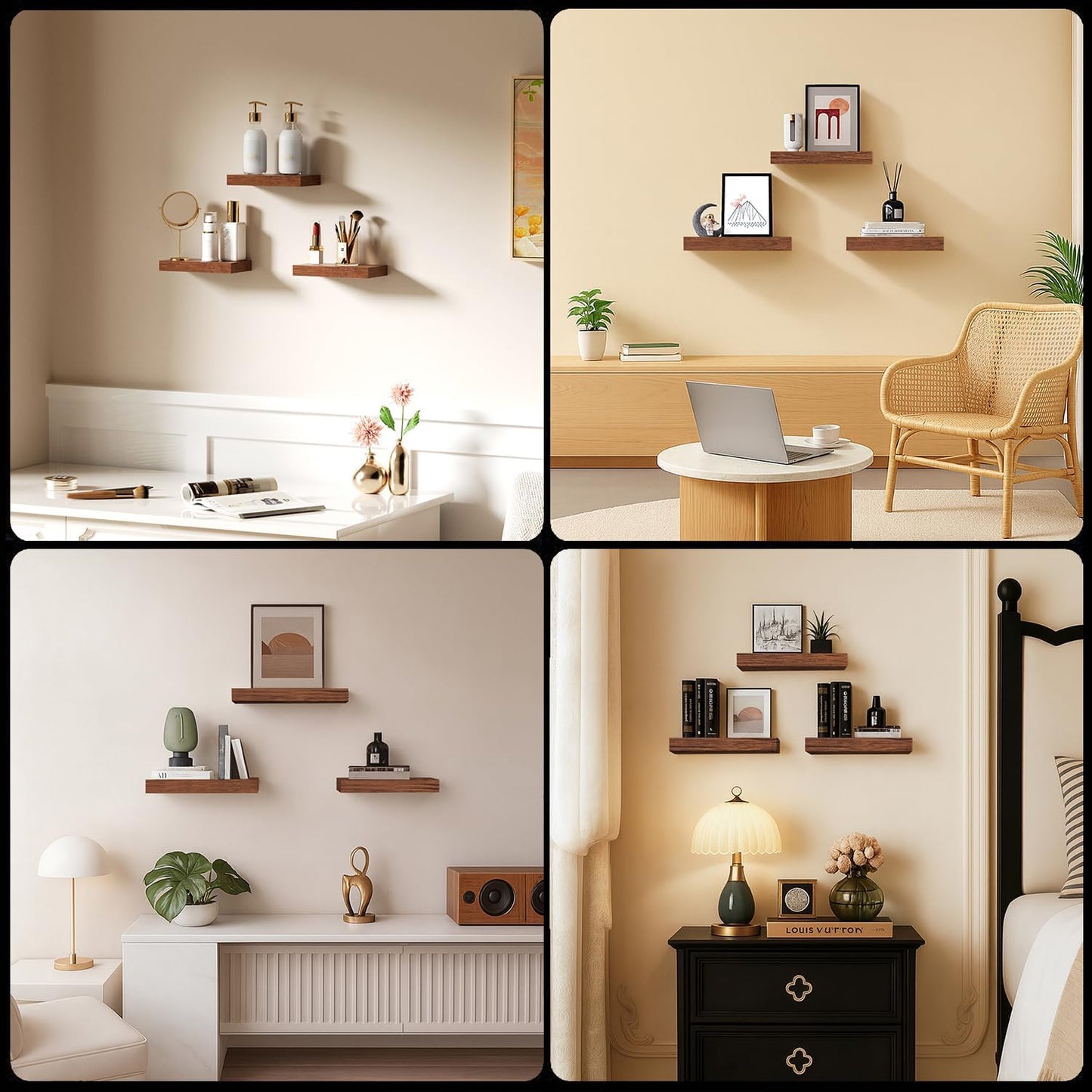 Modern Wooden Floating Shelves by [Brand Name] - Stylish Wall-Mounted Storage | Set of 3, 12x7x1.5 in (Walnut)