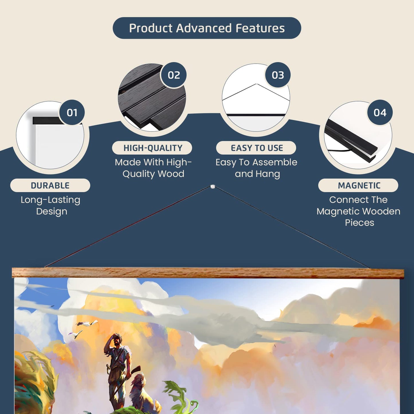 Landmass 40” Wide Magnetic Poster Frame, Poster Hanger - 40x20 40x27 40x30 40x60 Frame - Teak Wood Frame for Posters, Prints, Photos, Pictures, Maps, Scrolls, and Artwork