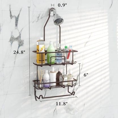Rustic Bronze Shower Caddy by [Brand Name] - Overhead Organizer with 10 Hooks & Towel Bar for Bathroom Storage
