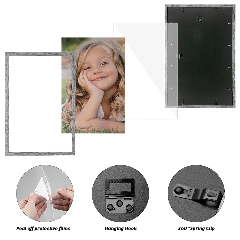 Matte Gray 16x24 Frame Set of 3 - Rustic Woodgrain Poster Frames with Plexiglass