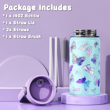 Skiennix 14oz Kids Insulated Water Bottle - Leak-Proof Stainless Steel Tumbler with Straw Lid (Butterfly)
