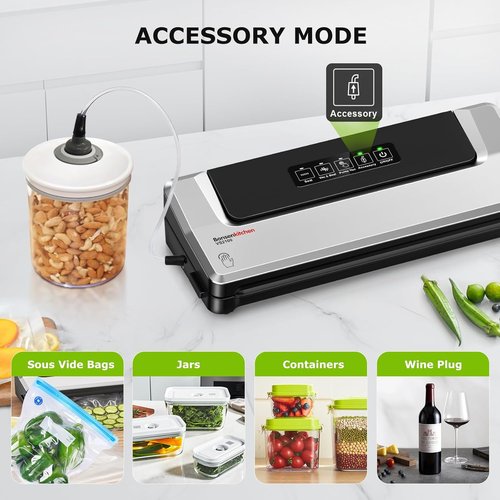 Bonsenkitchen Vacuum Sealer Machine - Compact Food Sealer for Meal Prep & Storage | 5 Bags Included, Silver
