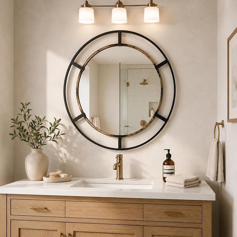 30-Inch Round Wall Mirror, Black & Antique Gold for Bathroom or Entryway - Variation: Black & Antique Gold+Round+30"L x 30"W