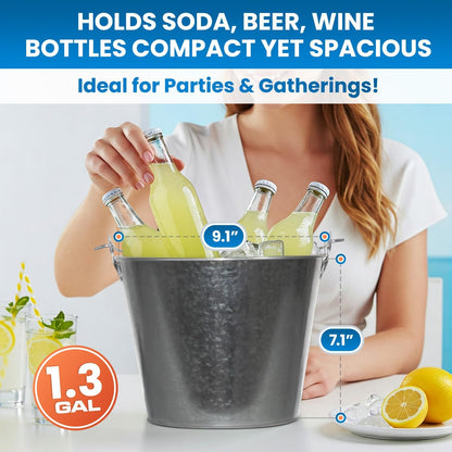 PLEXON Metal Ice Bucket for Parties Coctail Bar Restaurant - Drink Beer Champagne Metal Pail Bucket with Handle, Beverage Chiller, Galvanized Steel, 1.3 Gallon, Set of 3