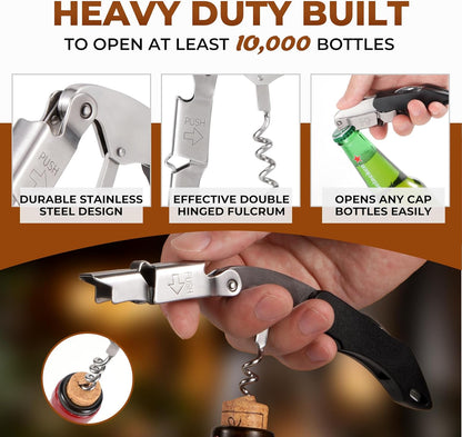Wine Key - Heavy Duty Waiter Corkscrew, Premium 420 Stainless Steel Compact Wine Opener with Double Hinged, Foil Cutter and Bottle Opener, Gifts for Servers, Sommelier, Bartenders - Black