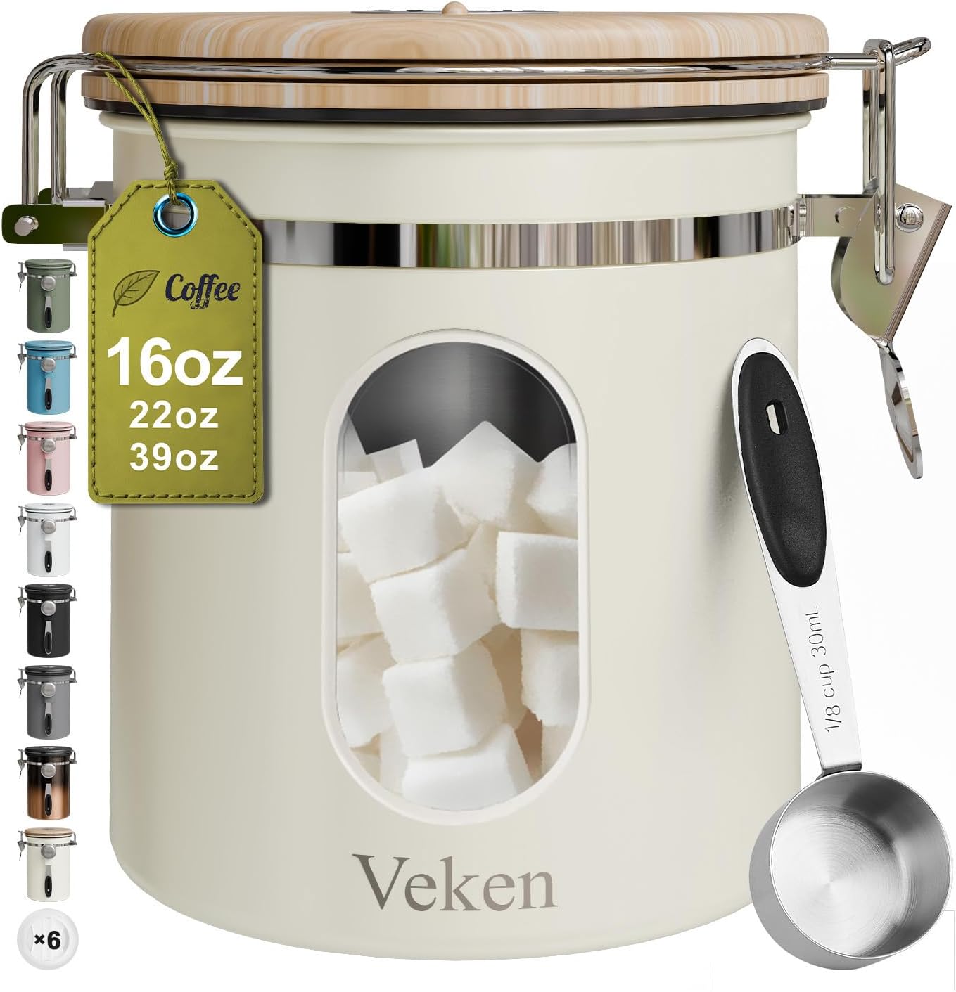 Veken Coffee Canister - Airtight Stainless Steel Food Storage with Window & Date Tracker | 16oz Cream