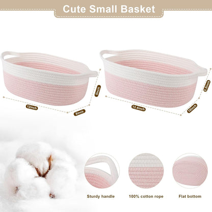 OIAHOMY Small Woven Gift Basket - 12"x8"x5" with Handle, Ribbon & Tissue Paper for Dog Toy Storage - Pink & White