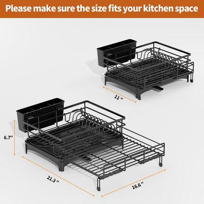 Skiennix Dish Drying Rack - Expandable, Large Capacity Kitchen Drainer with Utensil Holder, Black