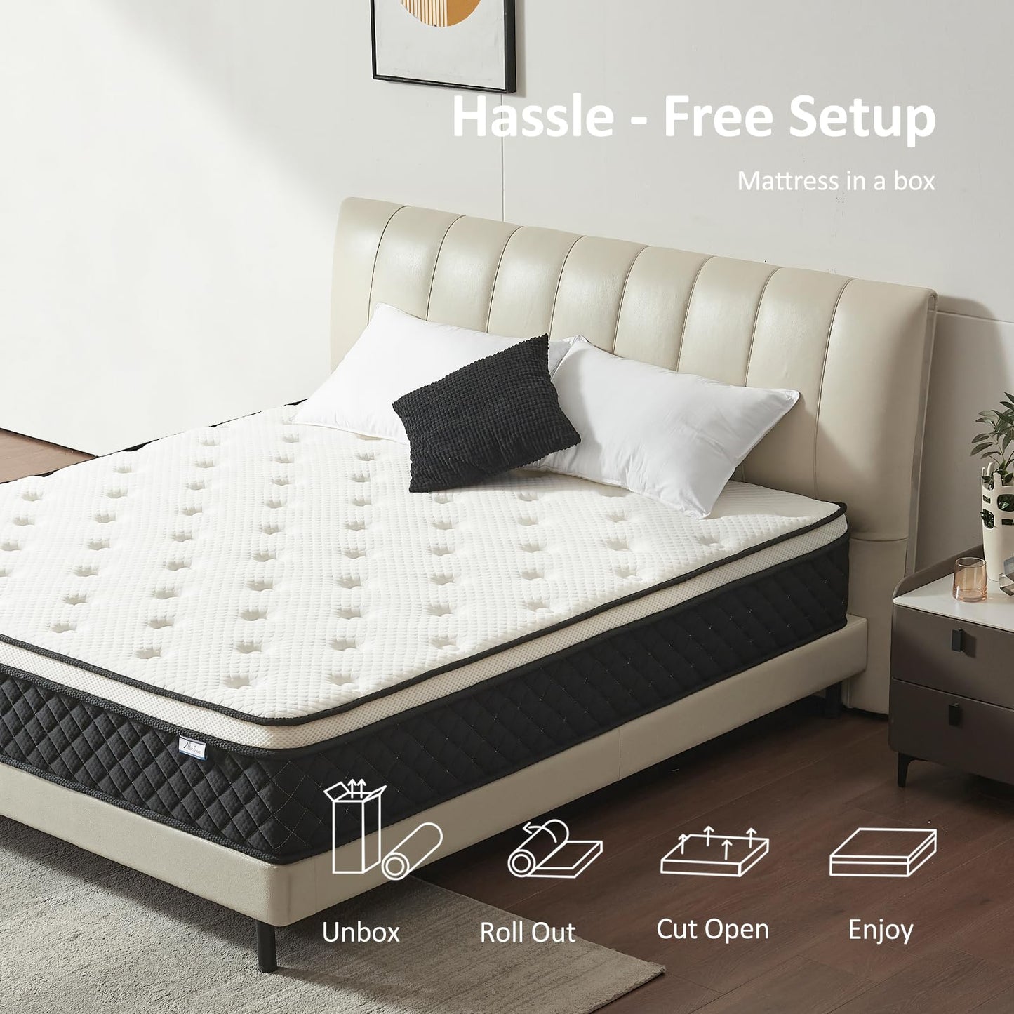 Vaeluna Queen Mattress, 12 Inch Queen Size Mattress in a Box, Hybrid Pocketed Coil Mattress, Medium Firm, Lumbar Support & Motion Isolation, Pressure Relief & Breathable Comfort