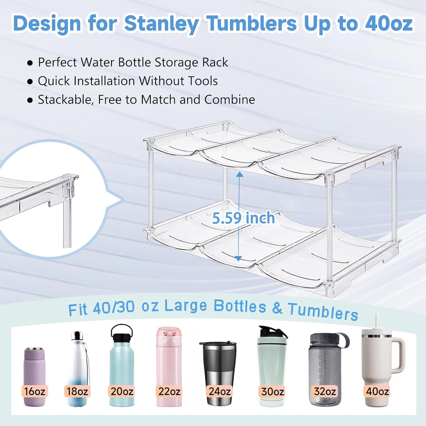 Skiennix Water Bottle Organizer - Stackable Rack for Stanley 40 oz Tumblers | Clear Kitchen Storage, 4 Pack