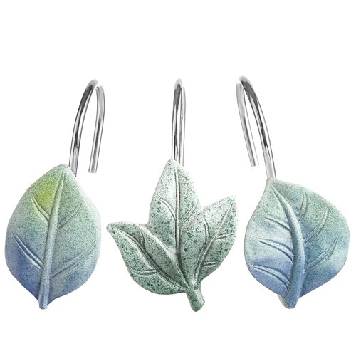Gibelle 12PCS Leaves Shower Curtain Hooks, Blue Plant Leaf Decorative Shower Curtain Hooks Metal Rustproof Cute Eucalyptus Shower Curtain Rings Bathroom Decoration Accessories