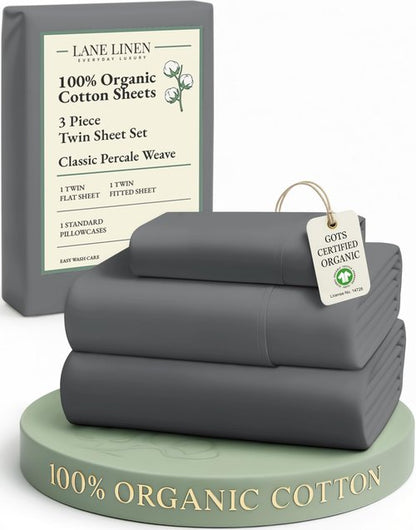 LANE LINEN 100% Organic Cotton 3Pc Bed Sheets Twin Size, Classic Percale Weave, Soft & Comfy Fully Elasticized Naturally Cooling Cotton Sheets, Low Pill Machine wash Twin Sheet Set- Charcoal