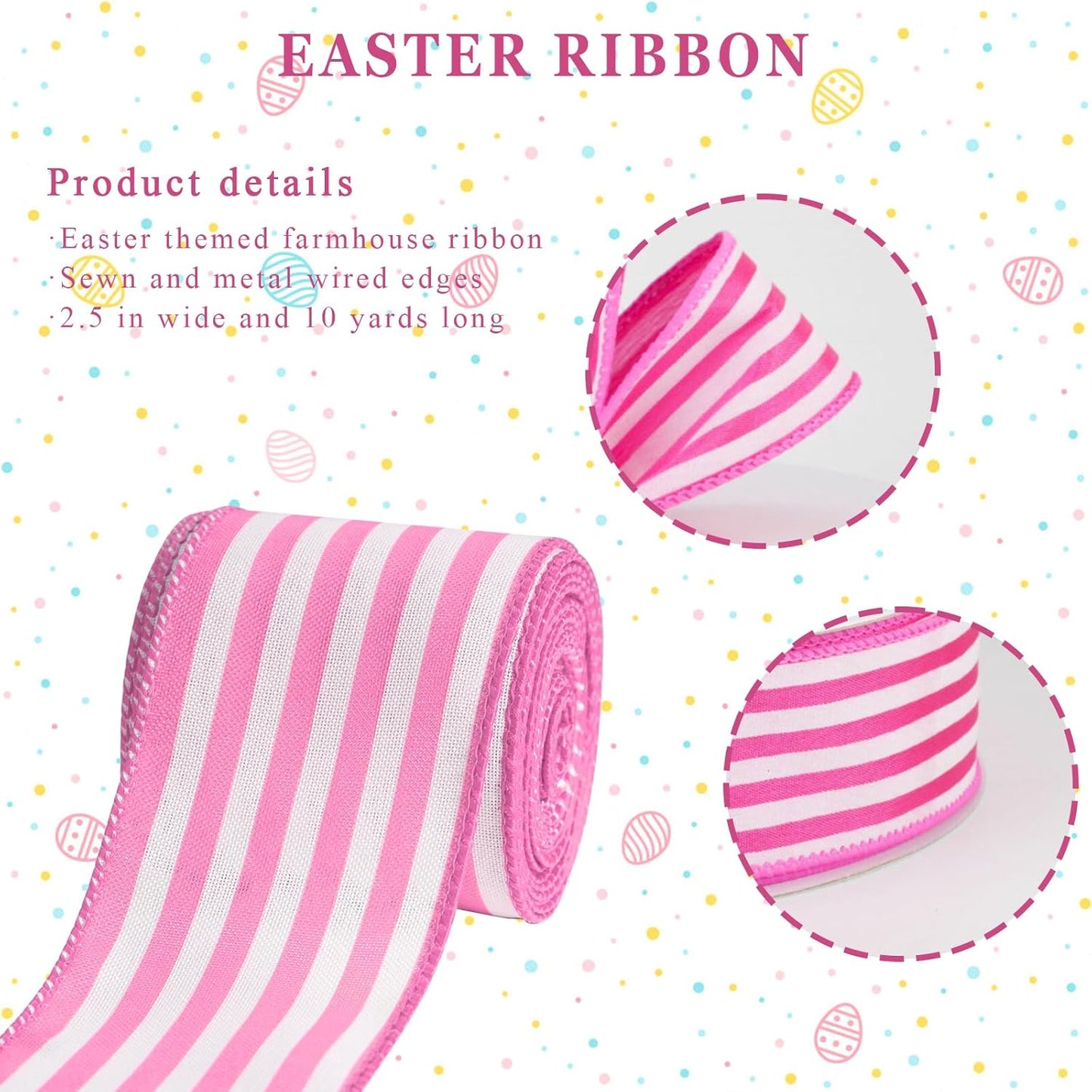 Spring Pink & White Wired Edge Easter Ribbon - 2.5" x 10 Yards for Gift Wrapping & DIY Crafts