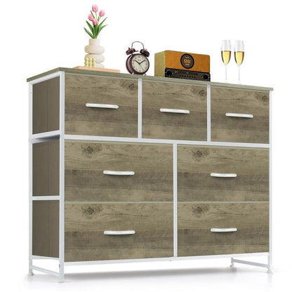 7-Drawer Dresser for Bedroom, Anti-Tip Wide Storage Organizer Fabric Chest of Drawers TV Stand for 45" TV with Wooden Top and Metal Frame for Closet, Living Room, Hallway, Entryway, Greige Oak