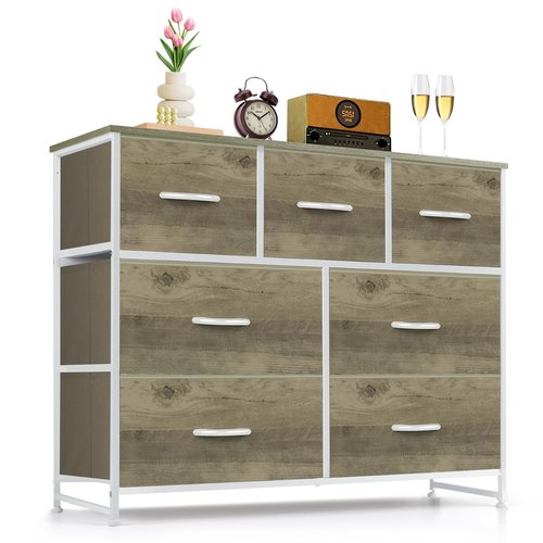 7-Drawer Dresser for Bedroom, Anti-Tip Wide Storage Organizer Fabric Chest of Drawers TV Stand for 45" TV with Wooden Top and Metal Frame for Closet, Living Room, Hallway, Entryway, Greige Oak