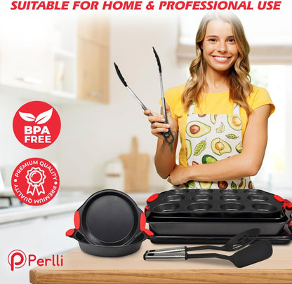 PERLLI Non-Stick 17-Piece Baking Pan Set - BPA-Free Carbon Steel Bakeware with Silicone Handles | Oven Safe Up to 446°F