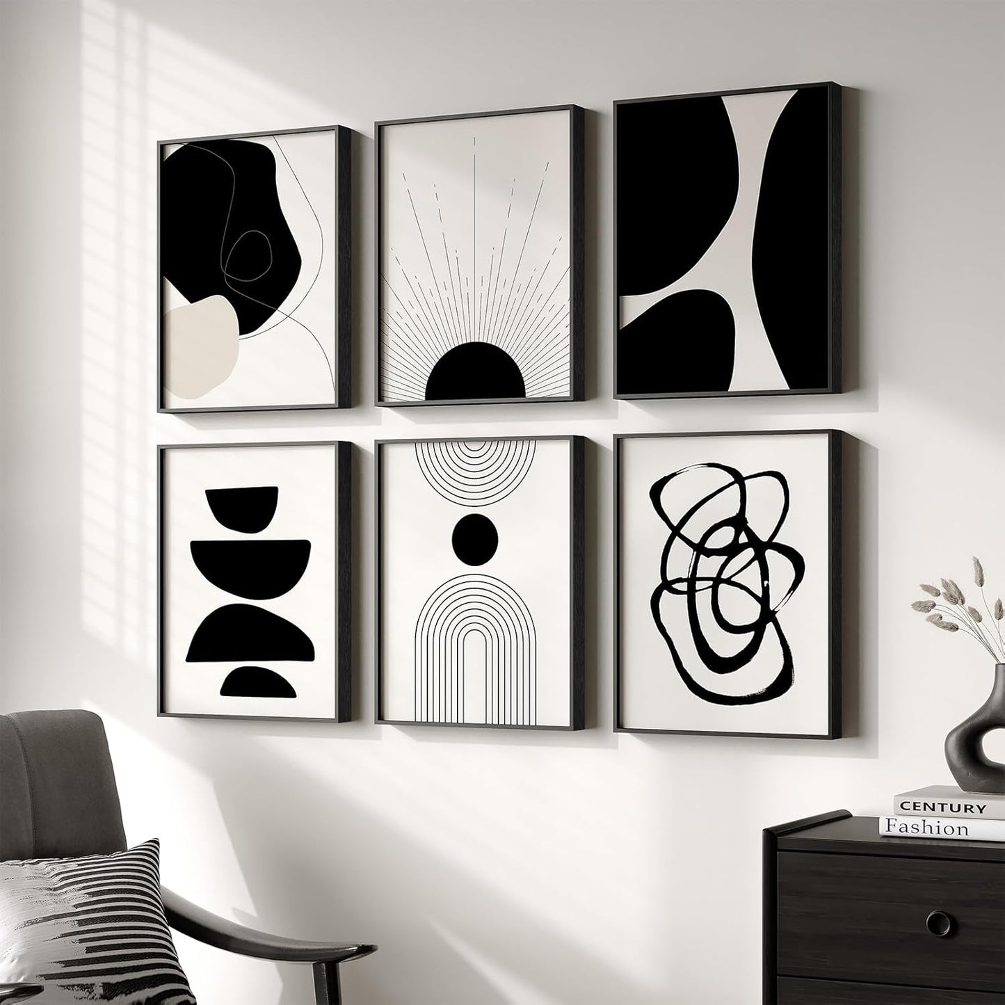 Skiennix Framed Boho Black and White Abstract Wall Art - Set of 6 Modern Canvas Prints | 11x14 Inch Decor