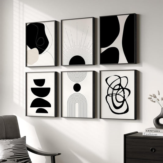 Skiennix Framed Boho Black and White Abstract Wall Art - Set of 6 Modern Canvas Prints | 11x14 Inch Decor