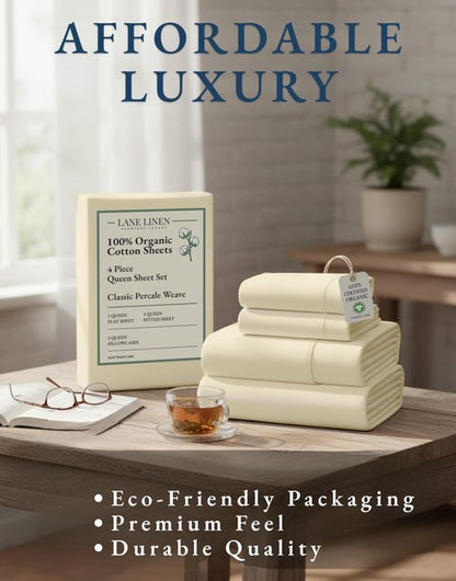 LANE LINEN 100% Organic Cotton Queen Sheets, 4Pc Cotton Sheets Set, Classic Percale Weave Bedsheets Queen Size Bed, Soft Breathable Sheet & Pillowcase Sets, Deep Pocket 15" - Natural