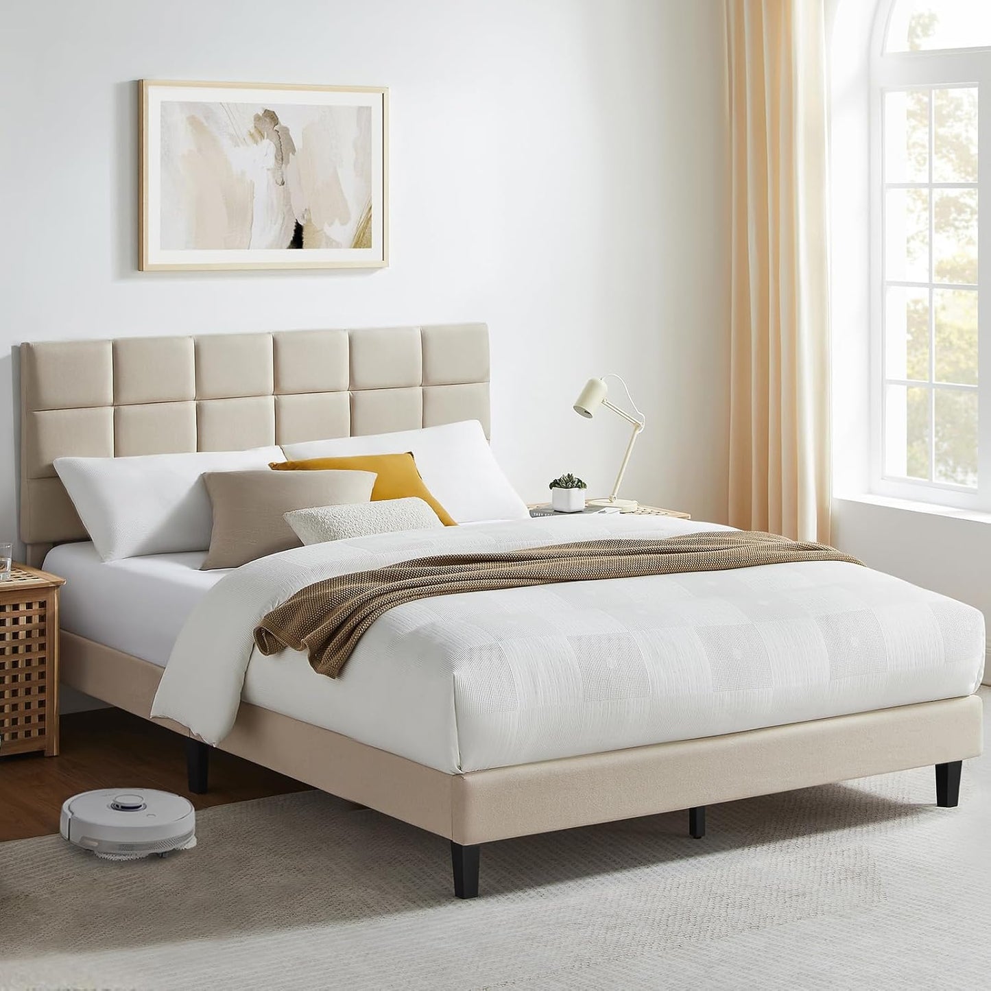 Susalt Queen Size Bed Frame - Upholstered Linen Headboard, No-Noise Design, Easy Assembly, 1000LBS Capacity | Beige