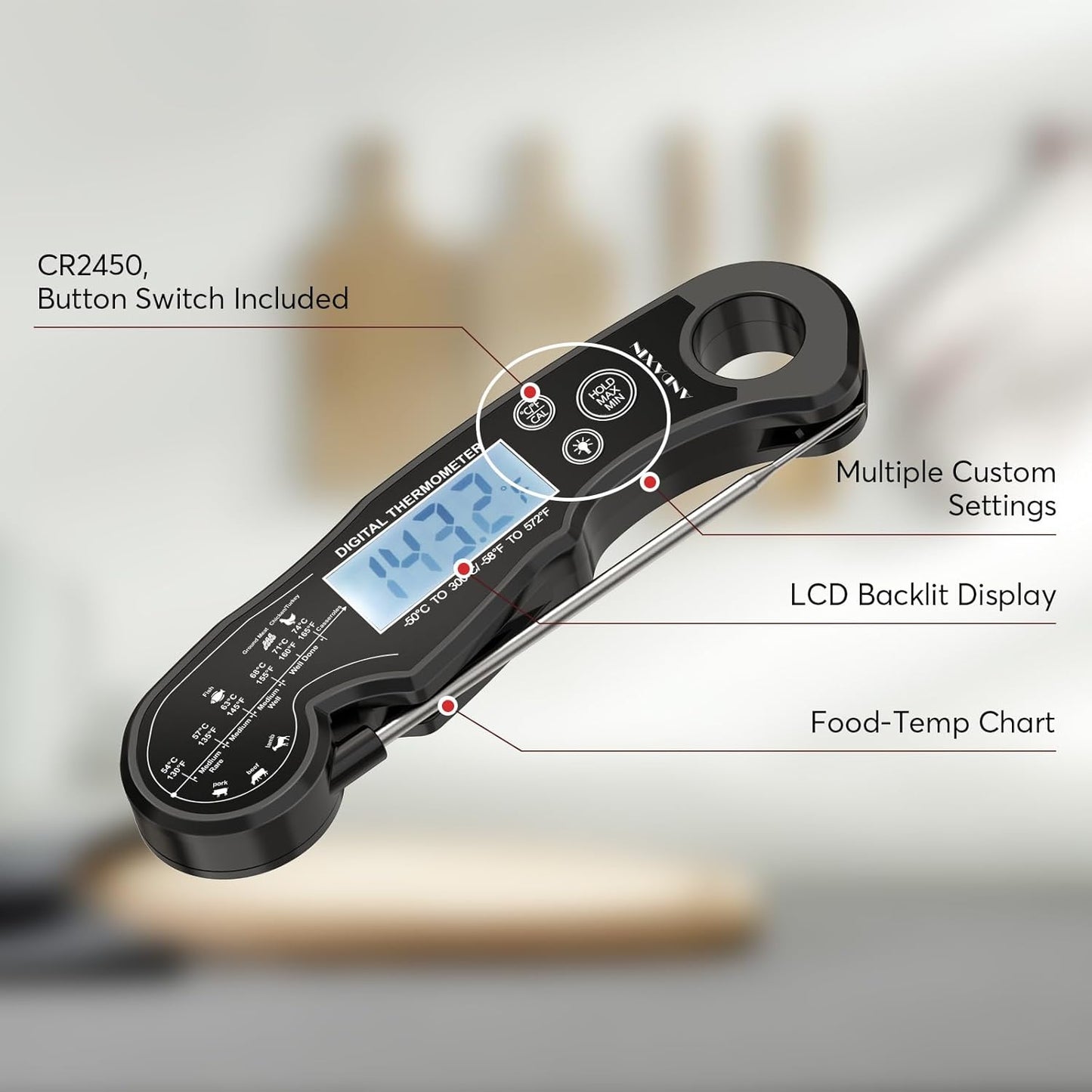 Meat Thermometer Digital - Instant Read Cooking Thermometer with Backlight LCD & Calibration