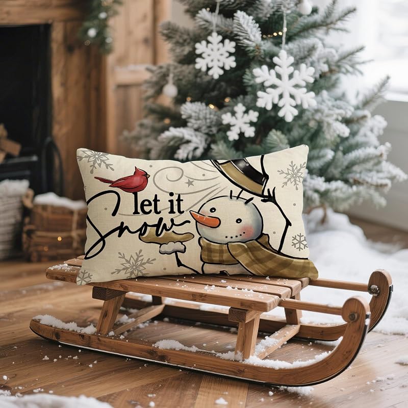 Winter Snowman Lumbar Pillow Cover 12 x 20 - Decorative Rectangle Cover (Variation: Winter Snowman 20" x 12")