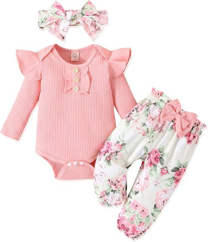 GDTOGRT Baby Girl Ruffle Romper Set - Floral Pants & Cute Headband | Newborn Infant Outfits