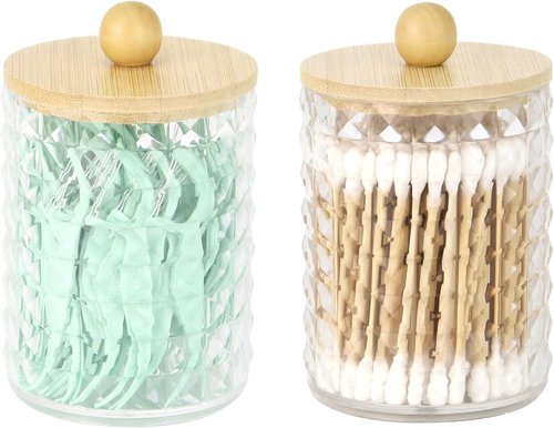 DAPOWER Qtip Holder - Stylish Bathroom Storage Canister for Cotton Balls & Swabs | Clear & Bamboo Lid, 2 Pack