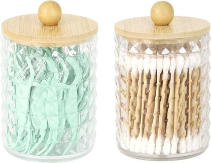DAPOWER Qtip Holder - Stylish Bathroom Storage Canister for Cotton Balls & Swabs | Clear & Bamboo Lid, 2 Pack