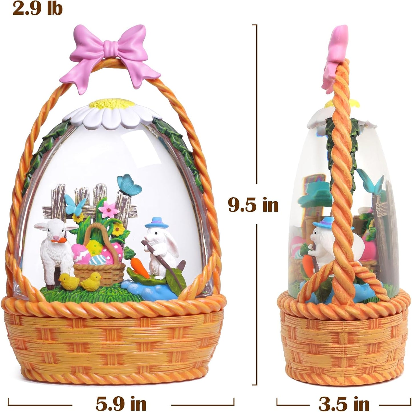 Priddop Easter Bunny Snow Globe | 9.5-Inch Decorative Basket with Glittering Snowfall & Timer