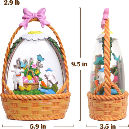 Priddop Easter Bunny Snow Globe | 9.5-Inch Decorative Basket with Glittering Snowfall & Timer