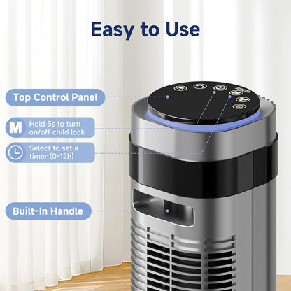OLIXIS Tower Fan - Quiet 28dB Bladeless Oscillating Fan with Remote, 12H Timer, 5 Speeds | Grey