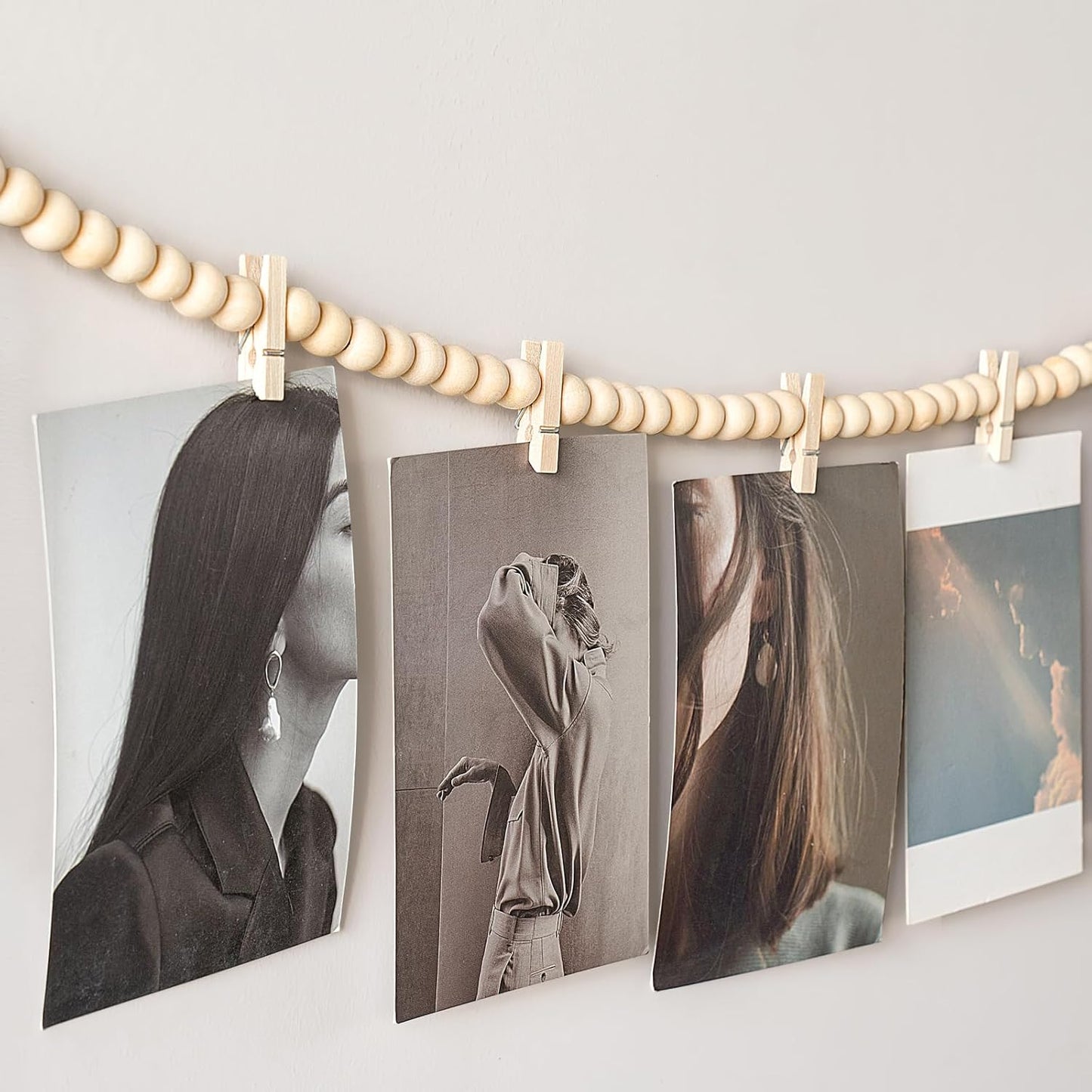 Mkono Hanging Photo Display - Boho Wooden Bead Garland with 10 Clips | Brown, 2 Pack - Perfect for Bedroom Decor