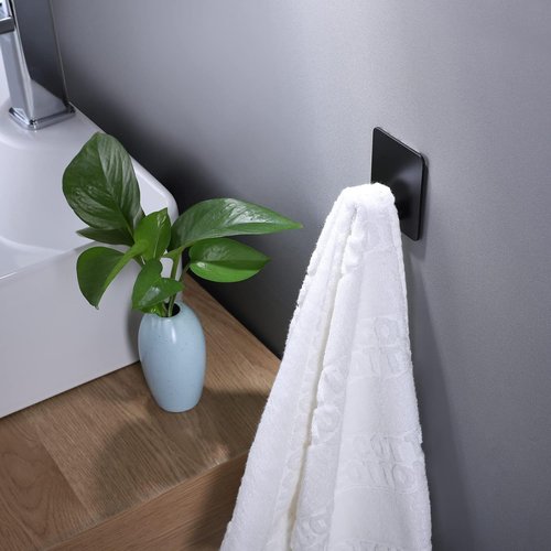 DELITON Adhesive Hooks - 4 Pack Wall Hooks for Towels & Coats | Matte Black Stainless Steel Finish