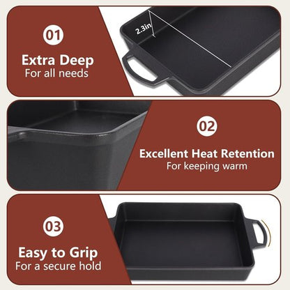 Keesha 9x13 Inch Cast Iron Pizza Pan - Pre-Seasoned Deep Baking Dish for Casserole & Lasagna