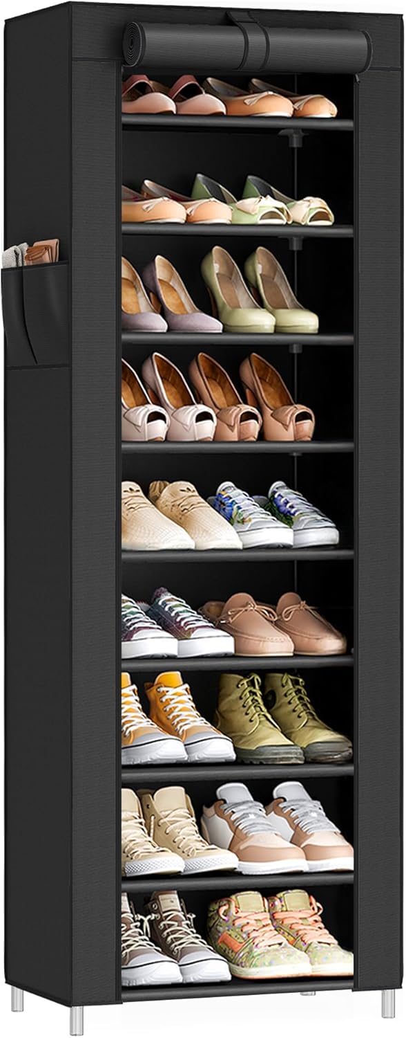 SONGMICS 10-Tier Shoe Rack - Dustproof Shoe Storage Cabinet | Holds 20 Pairs, Ideal for Sneakers & Heels, Black