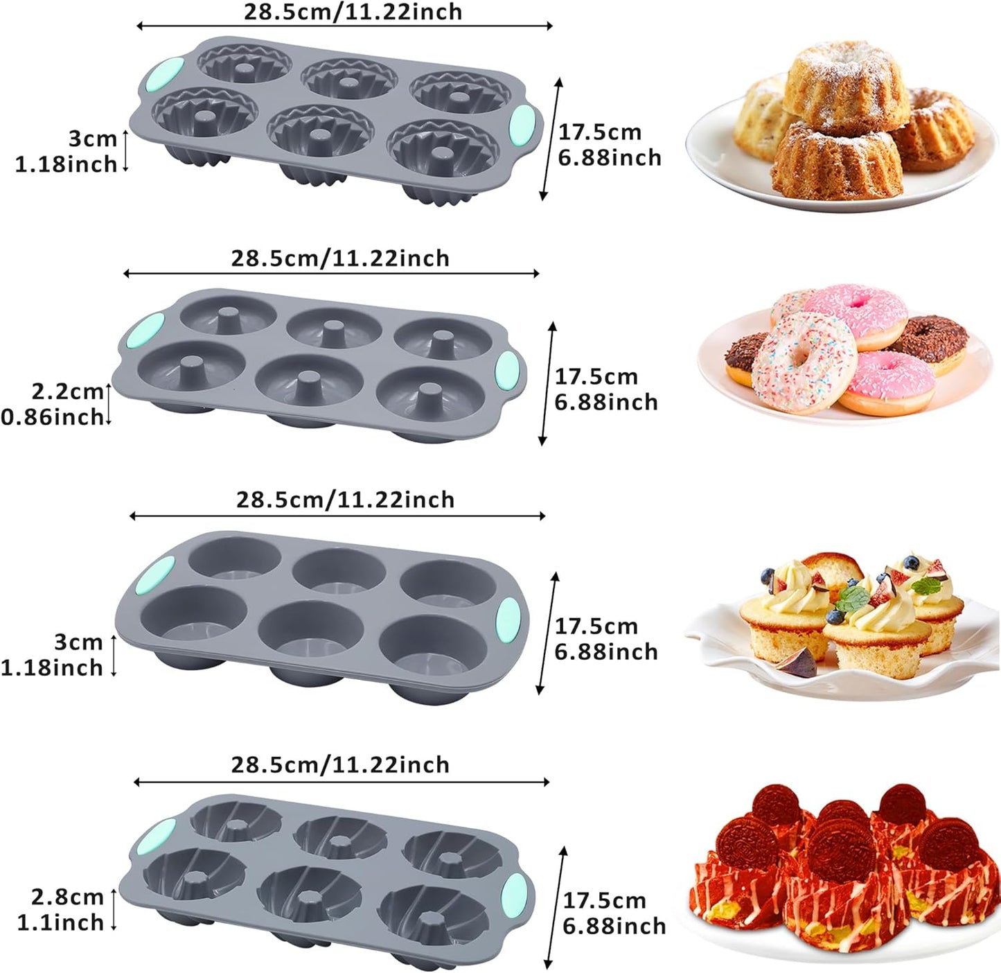 Tongjude Silicone Donut Pans - 8 Nonstick Baking Molds | Heat Resistant & Dishwasher Safe, Grey