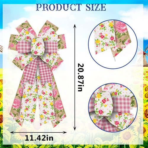 Estivaux Large Spring Flowers Bow - Pink Buffalo Plaid & Natural Burlap | Perfect for Wreaths & Decorations
