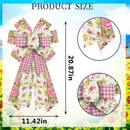 Estivaux Large Spring Flowers Bow - Pink Buffalo Plaid & Natural Burlap | Perfect for Wreaths & Decorations