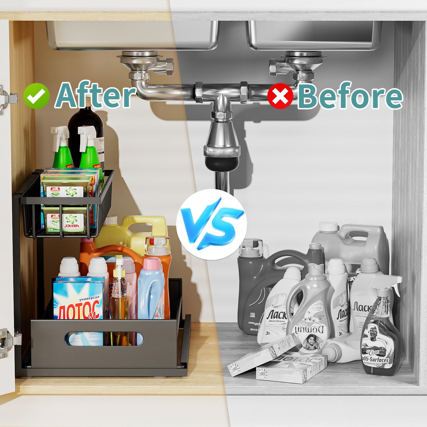 Prlsca Under Sink Organizer, Pull Out Cabinet Organizer 2-Tier Pull Out Sink Shelf Cabinet Storage Shelves, Under Sink Storage for Kitchen Bathroom Cabinet (2 PACK)