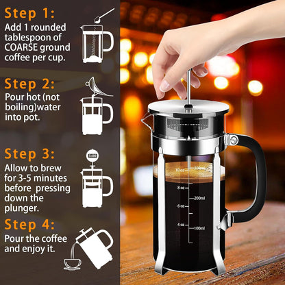Skiennix French Press Coffee Maker - 304 Stainless Steel with 4 Filters | Heat-Resistant Borosilicate Glass, Copper 12oz