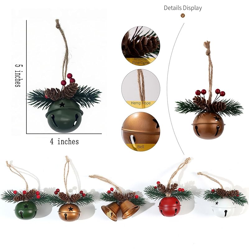 5-Pack Christmas Bell Ornaments Set for Tree, Wreath, Window & Mantel - Red, Green, Gold & White